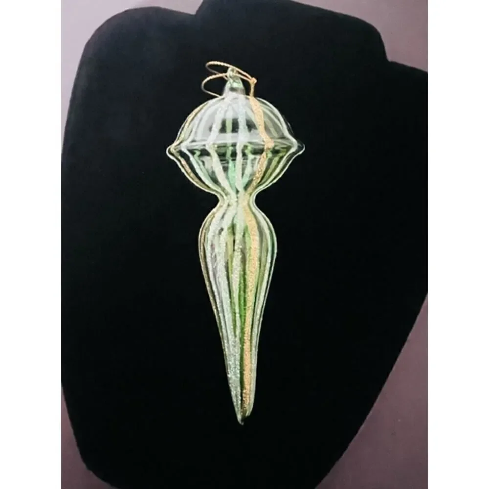 Christmas ornament green clear glass spiral ball finial icicle 8